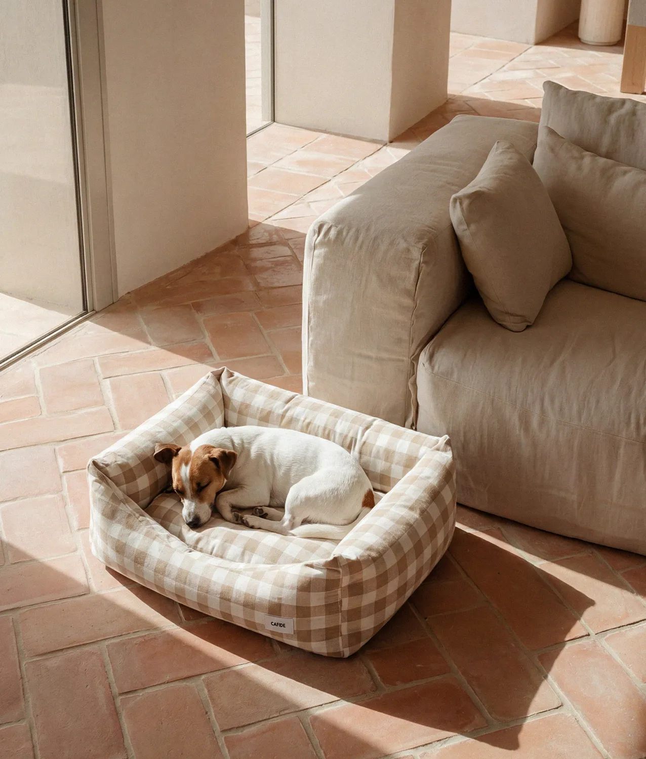 Cafide Snozy beige vichy hundeseng åndbar